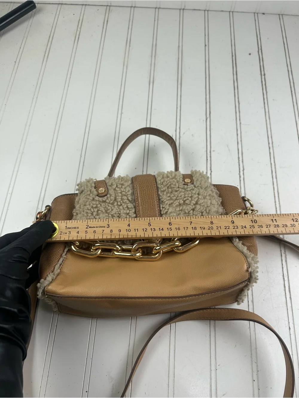 Anne Klein Vintage Y2K Mixed Media Sherpa Crossbody Satchel Brown Pearl Accent - Picture 13 of 15